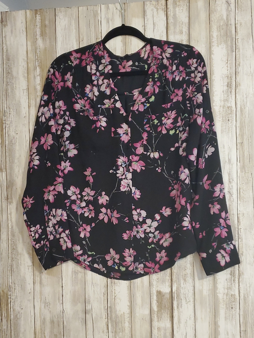 Express Black Button-Up Blouse with Pink Floral Print
